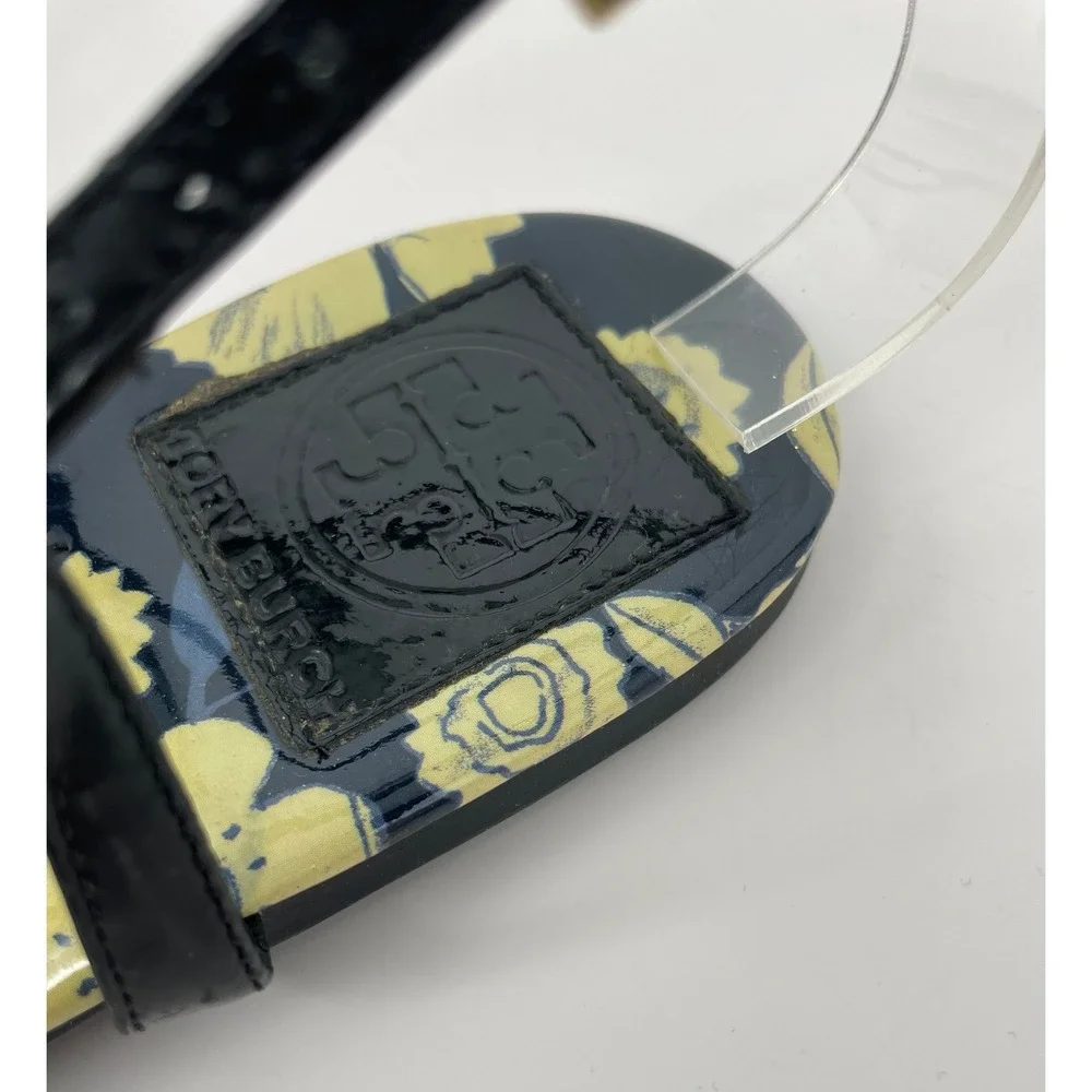 Tory Burch Emmy Floral Patent Leather Thong Sandals Navy Yellow Gold Logo 7.5M